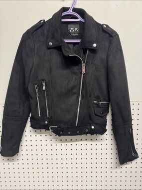 Zara Black Suede-Look Biker Jacket